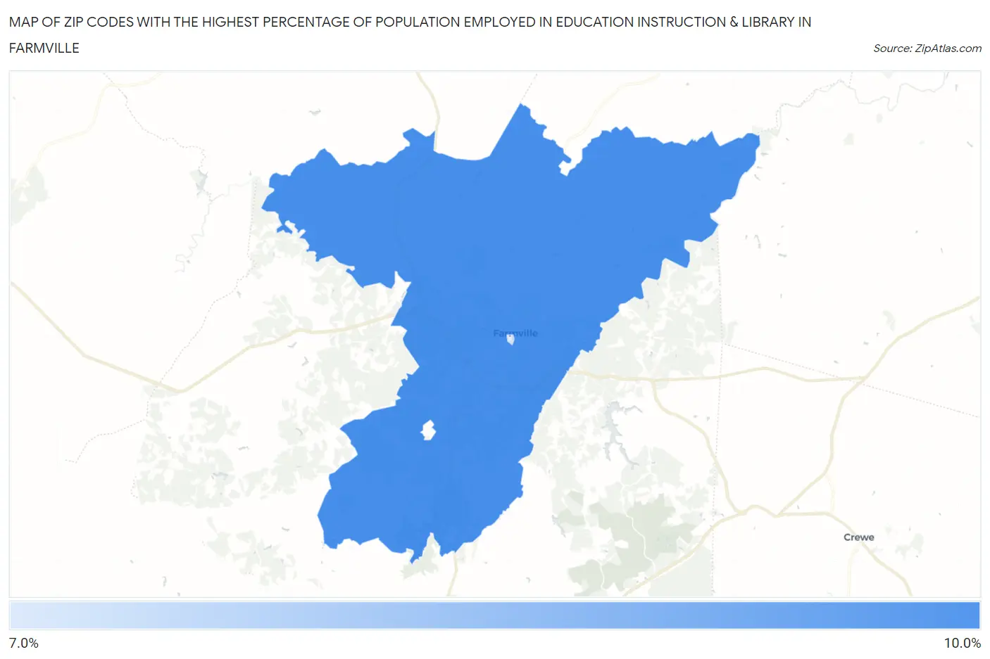 Zip Codes with the Highest Percentage of Population Employed in Education Instruction & Library in Farmville Map