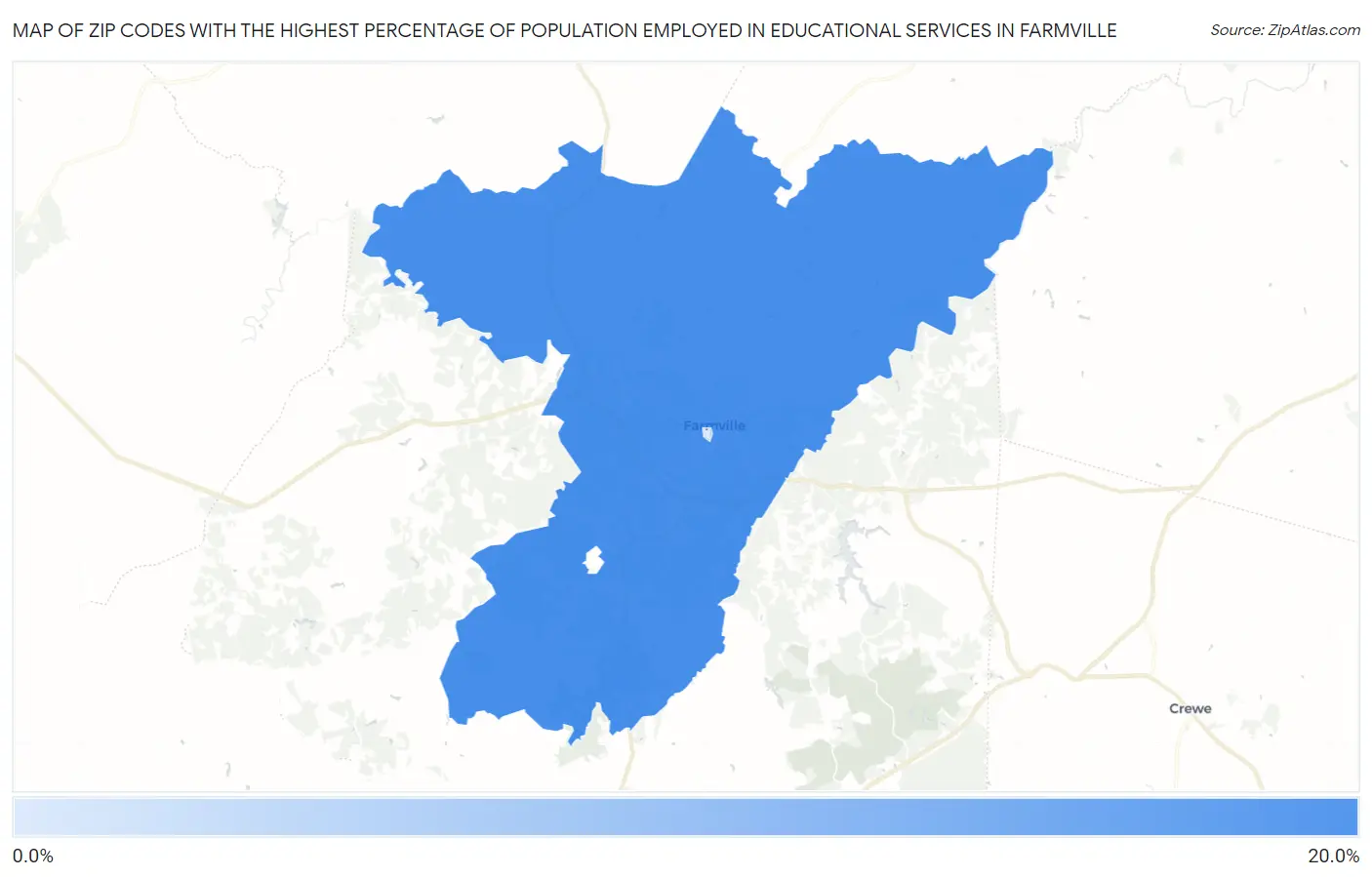 Zip Codes with the Highest Percentage of Population Employed in Educational Services in Farmville Map