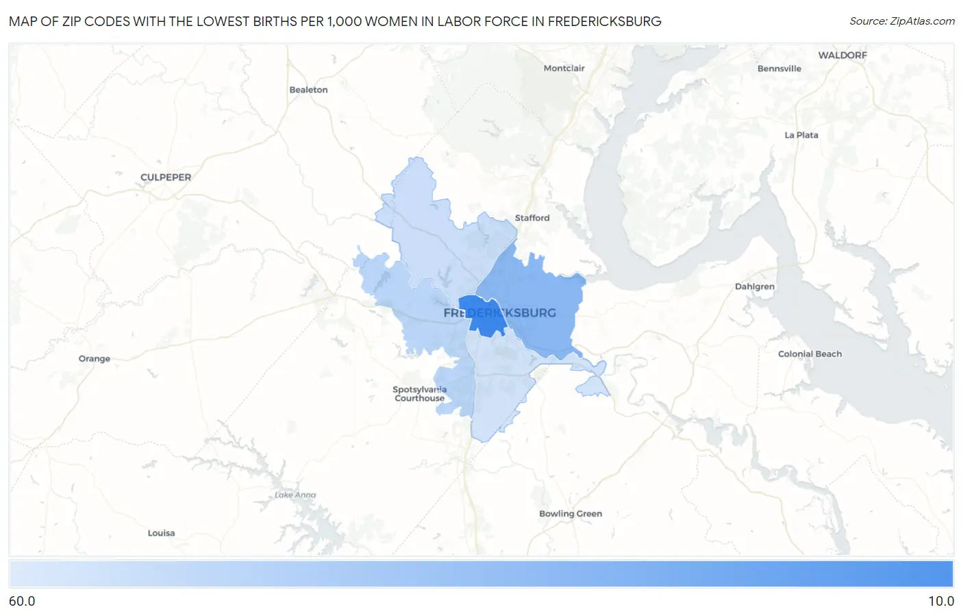 Zip Codes with the Lowest Births per 1,000 Women in Labor Force in Fredericksburg Map