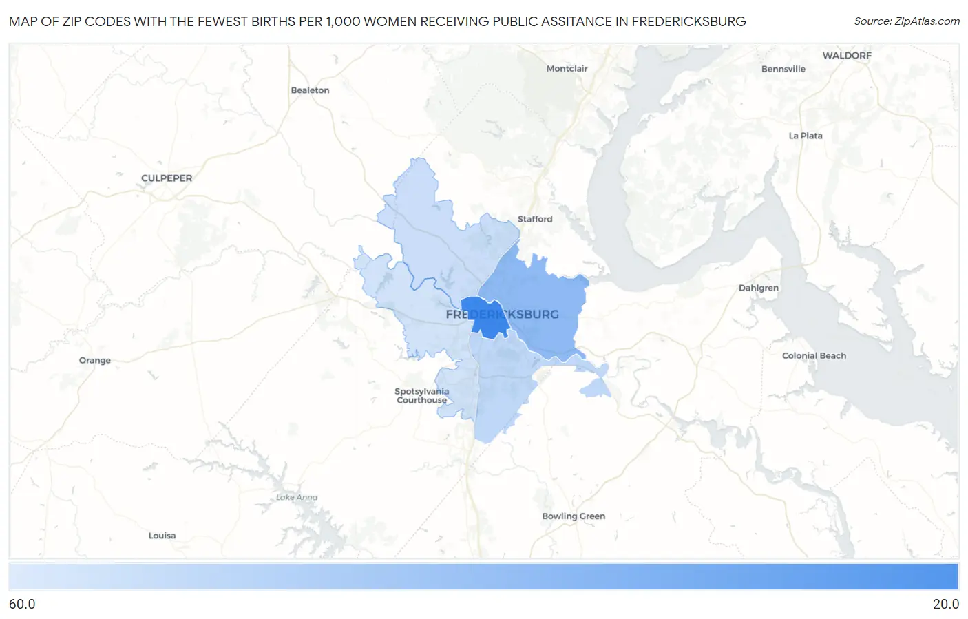 Zip Codes with the Fewest Births per 1,000 Women Receiving Public Assitance in Fredericksburg Map