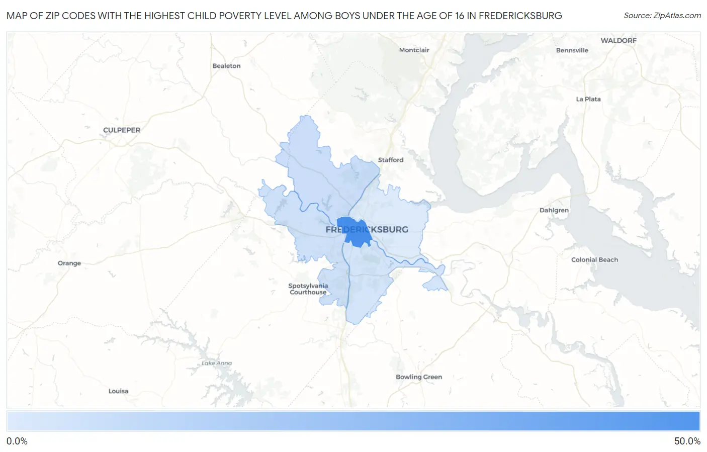 Zip Codes with the Highest Child Poverty Level Among Boys Under the Age of 16 in Fredericksburg Map