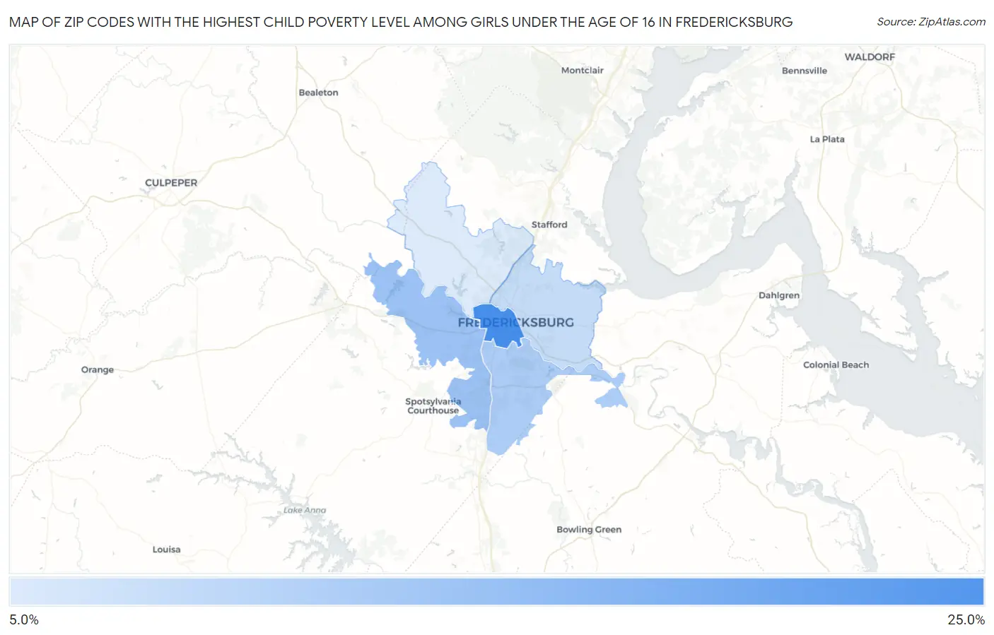 Zip Codes with the Highest Child Poverty Level Among Girls Under the Age of 16 in Fredericksburg Map