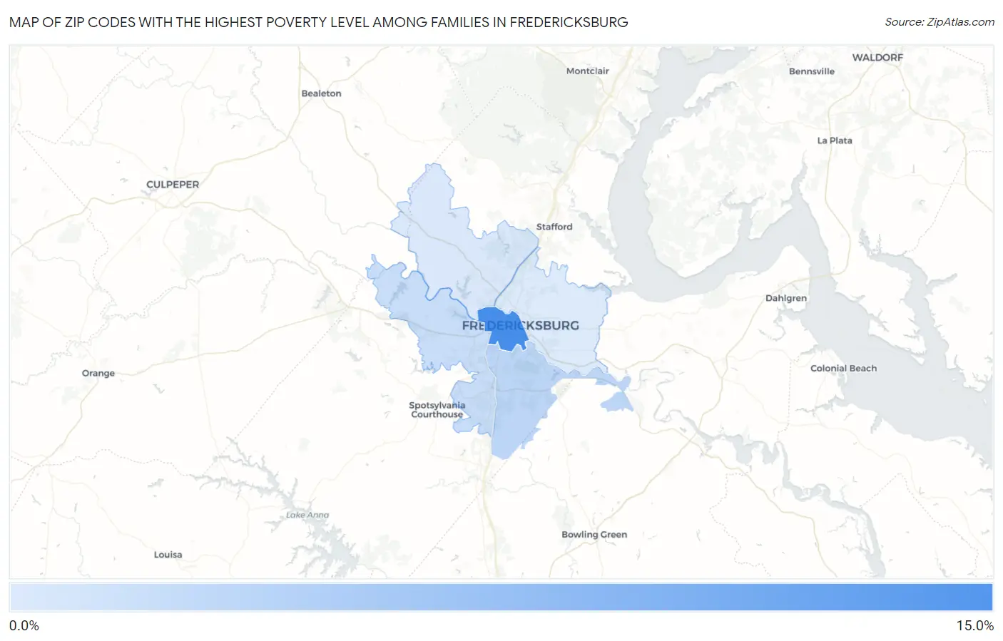 Zip Codes with the Highest Poverty Level Among Families in Fredericksburg Map