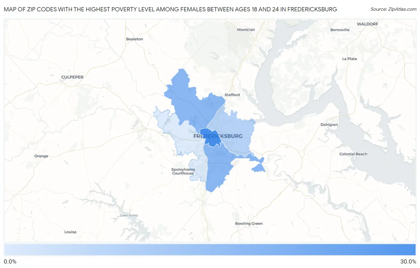 Zip Codes with the Highest Poverty Level Among Females Between Ages 18 and 24 in Fredericksburg Map