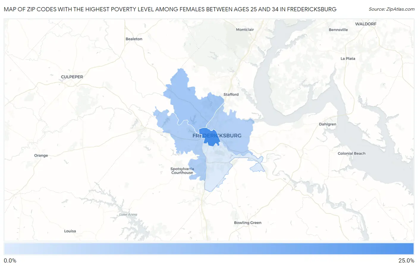 Zip Codes with the Highest Poverty Level Among Females Between Ages 25 and 34 in Fredericksburg Map