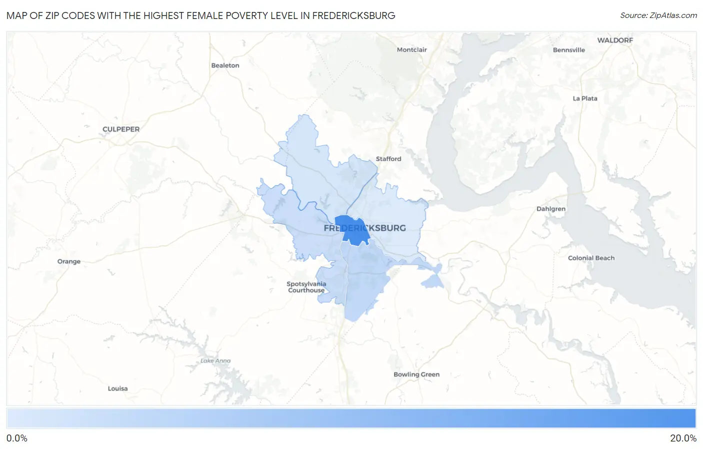 Zip Codes with the Highest Female Poverty Level in Fredericksburg Map