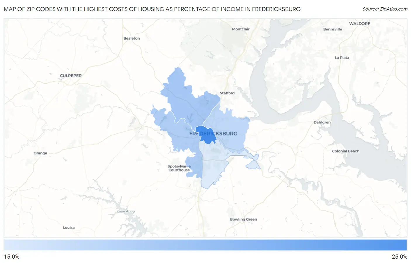 Zip Codes with the Highest Costs of Housing as Percentage of Income in Fredericksburg Map