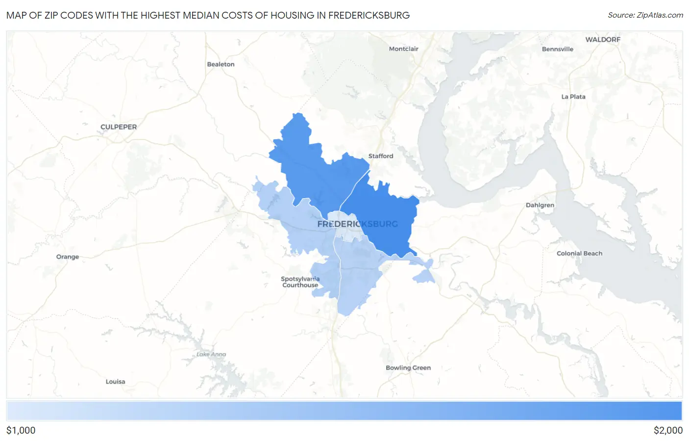 Zip Codes with the Highest Median Costs of Housing in Fredericksburg Map