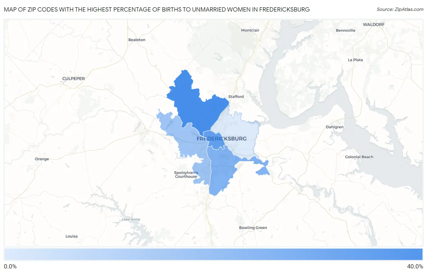 Zip Codes with the Highest Percentage of Births to Unmarried Women in Fredericksburg Map