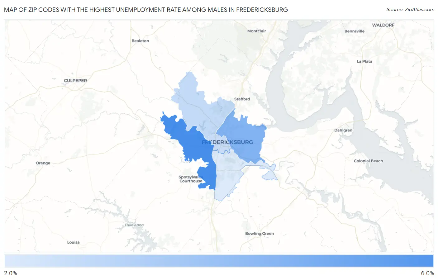 Zip Codes with the Highest Unemployment Rate Among Males in Fredericksburg Map