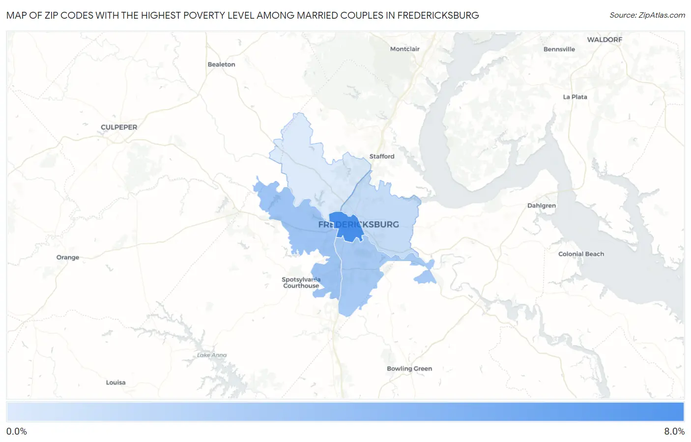 Zip Codes with the Highest Poverty Level Among Married Couples in Fredericksburg Map