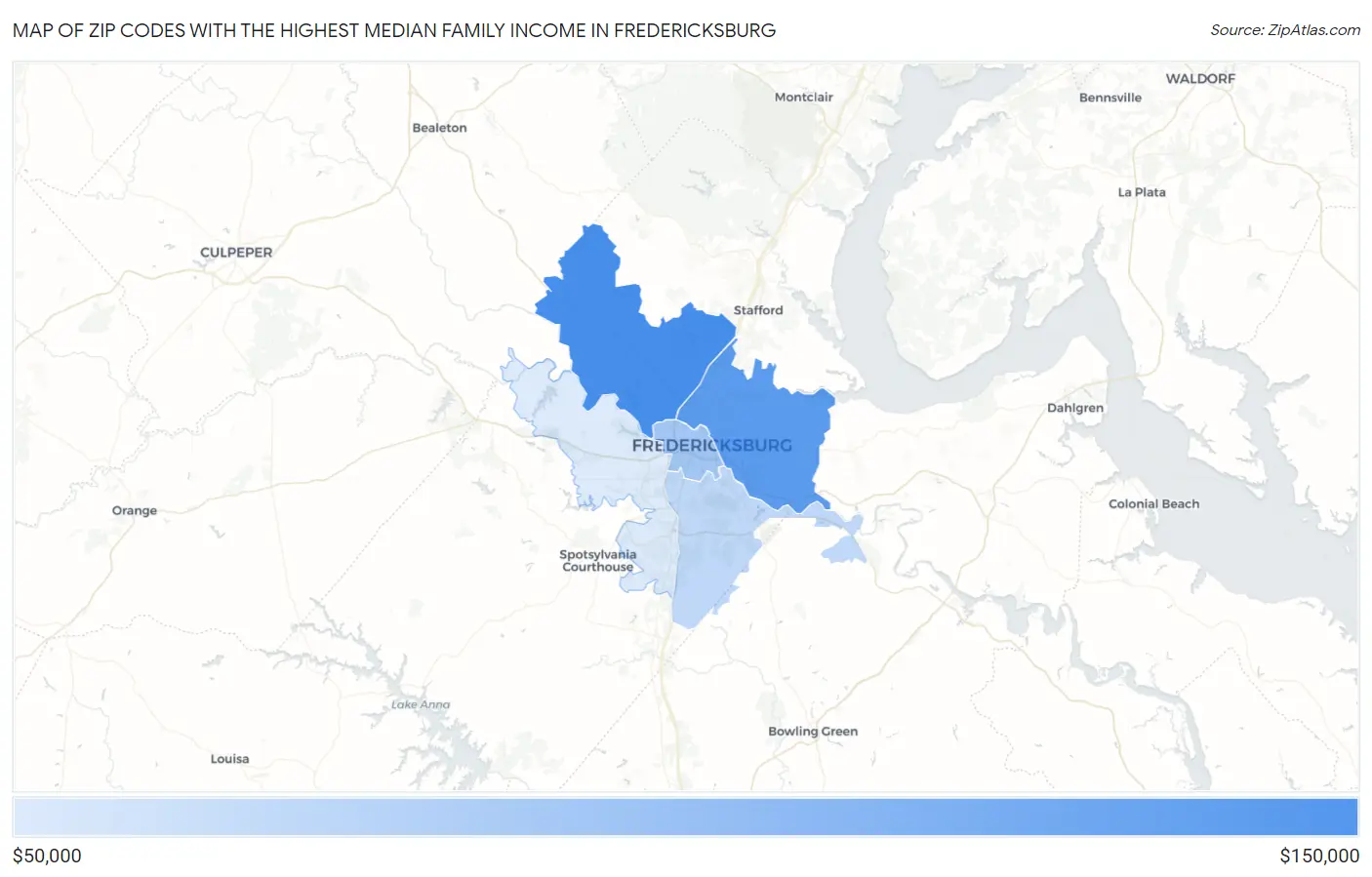 Zip Codes with the Highest Median Family Income in Fredericksburg Map
