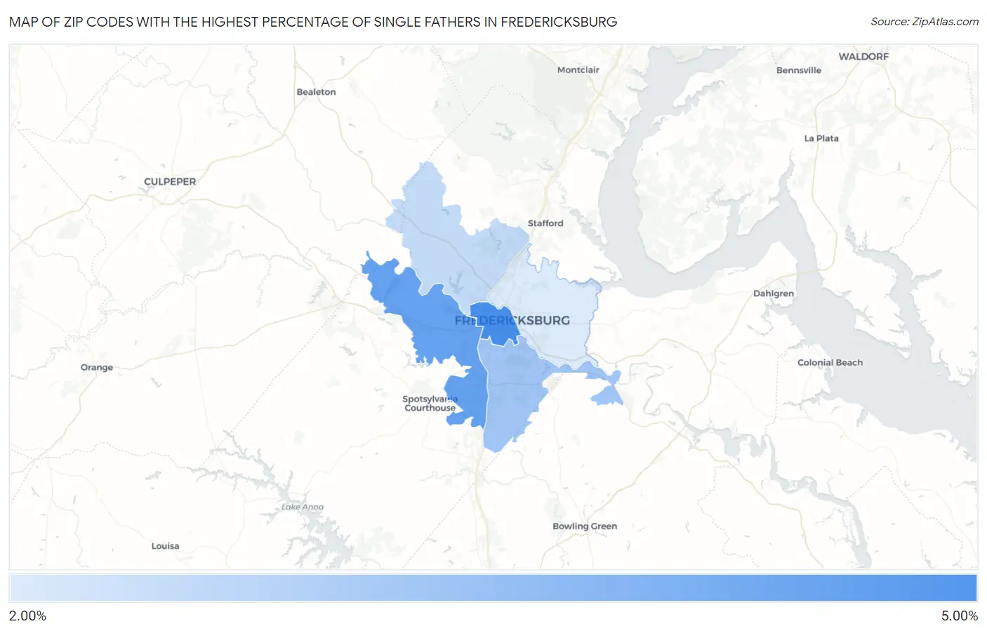 Zip Codes with the Highest Percentage of Single Fathers in Fredericksburg Map
