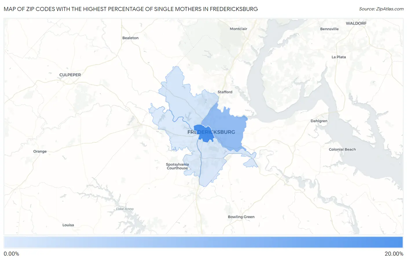 Zip Codes with the Highest Percentage of Single Mothers in Fredericksburg Map