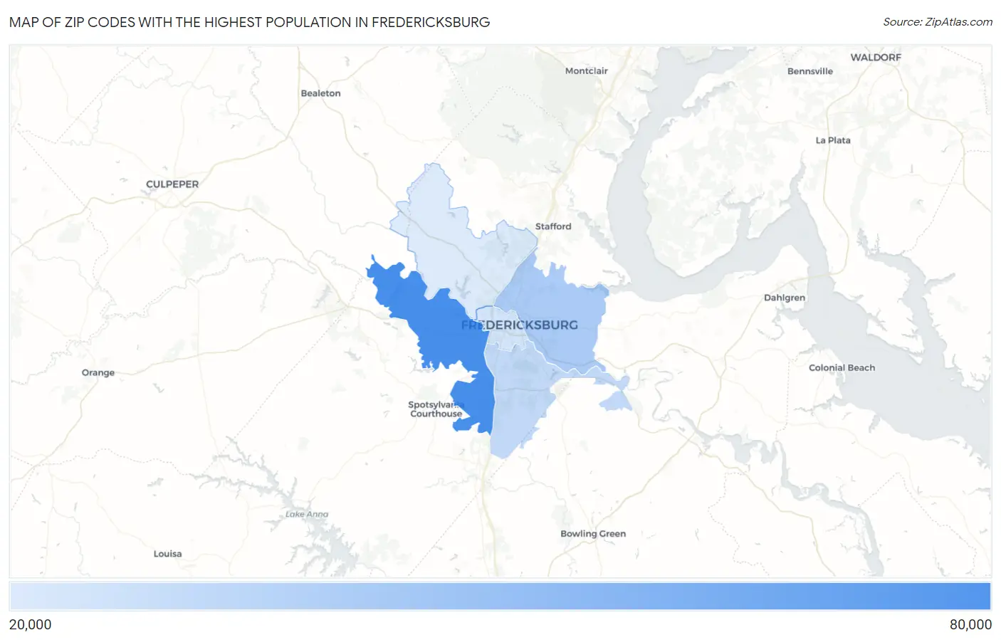 Zip Codes with the Highest Population in Fredericksburg Map