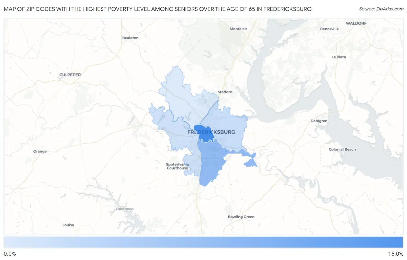 Zip Codes with the Highest Poverty Level Among Seniors Over the Age of 65 in Fredericksburg Map