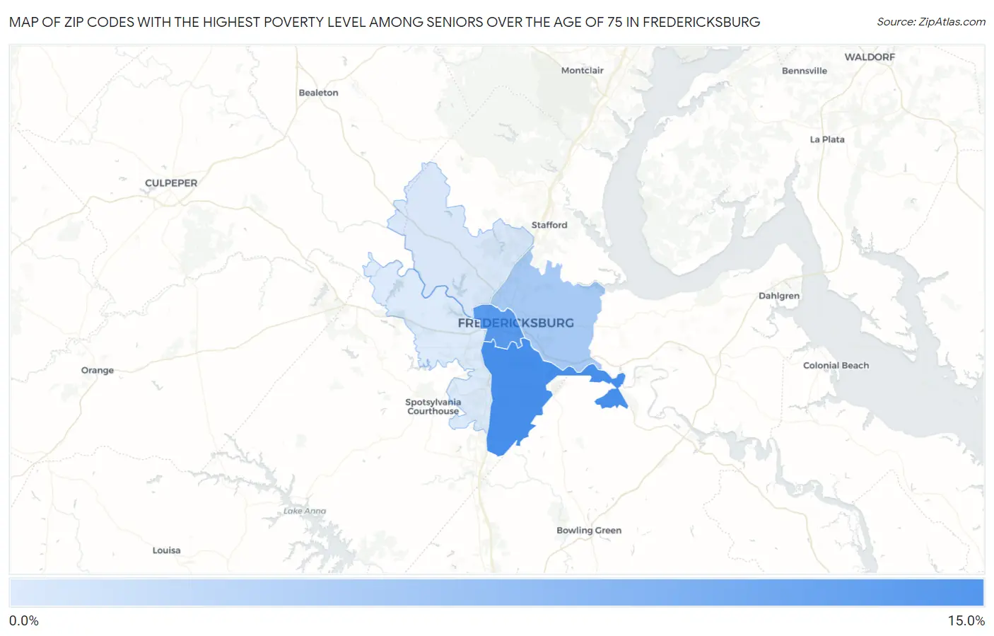 Zip Codes with the Highest Poverty Level Among Seniors Over the Age of 75 in Fredericksburg Map