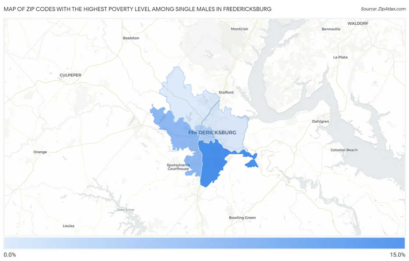 Zip Codes with the Highest Poverty Level Among Single Males in Fredericksburg Map