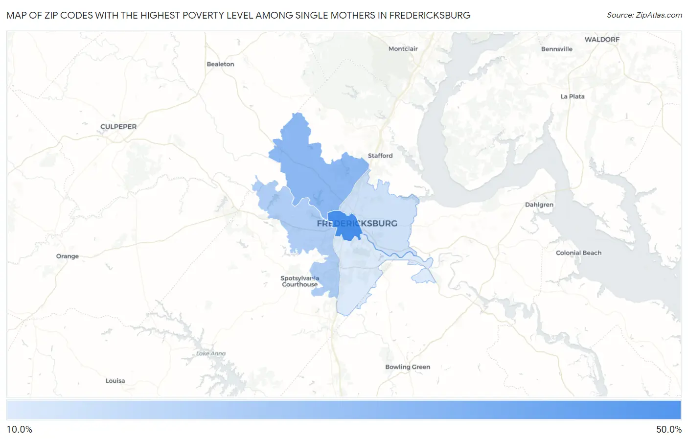 Zip Codes with the Highest Poverty Level Among Single Mothers in Fredericksburg Map
