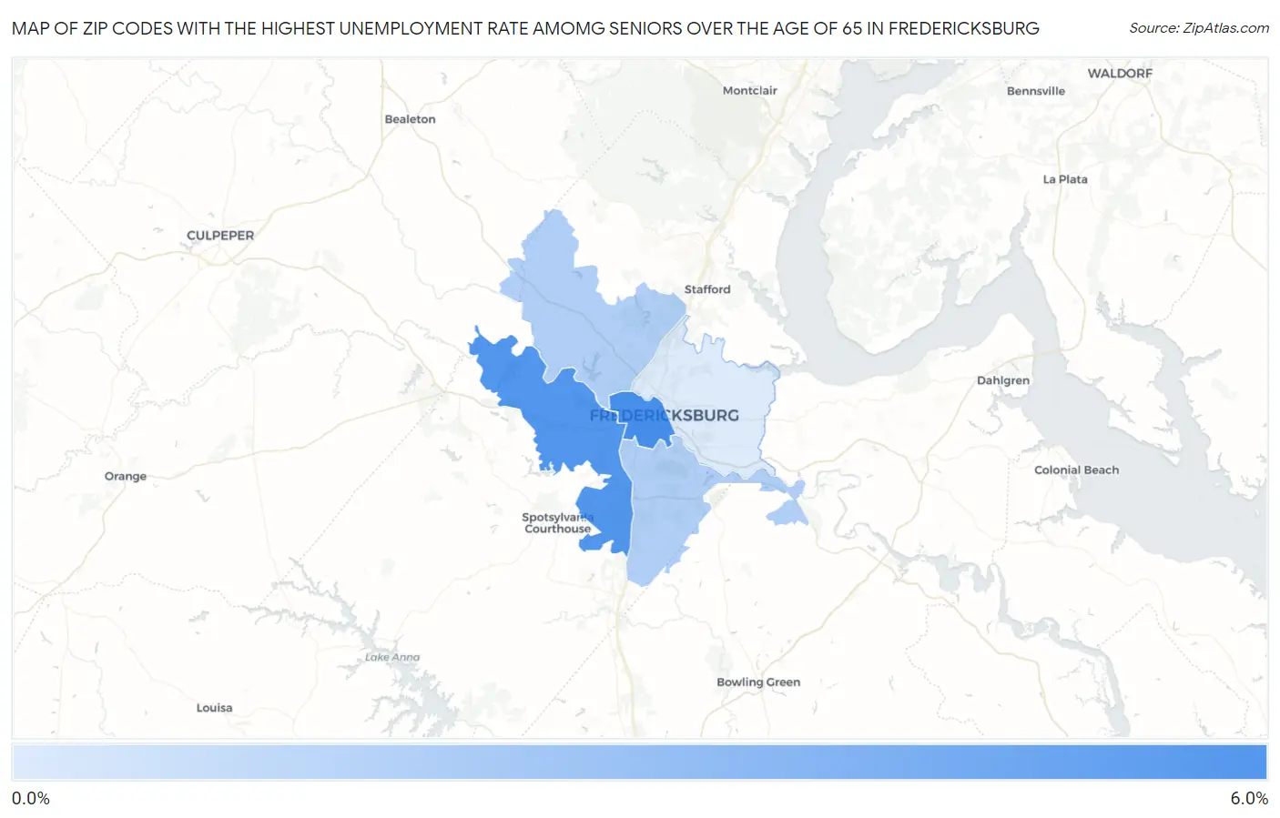Zip Codes with the Highest Unemployment Rate Amomg Seniors Over the Age of 65 in Fredericksburg Map