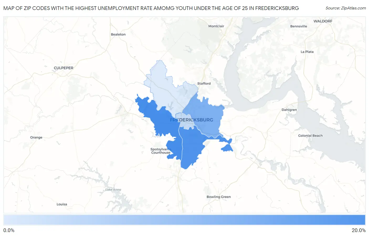 Zip Codes with the Highest Unemployment Rate Amomg Youth Under the Age of 25 in Fredericksburg Map