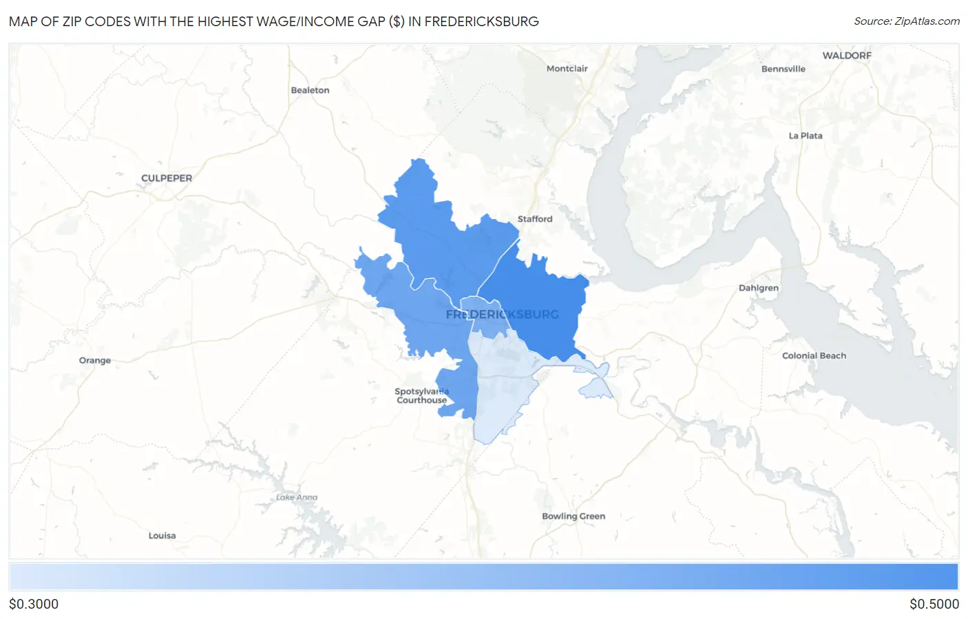 Zip Codes with the Highest Wage/Income Gap ($) in Fredericksburg Map