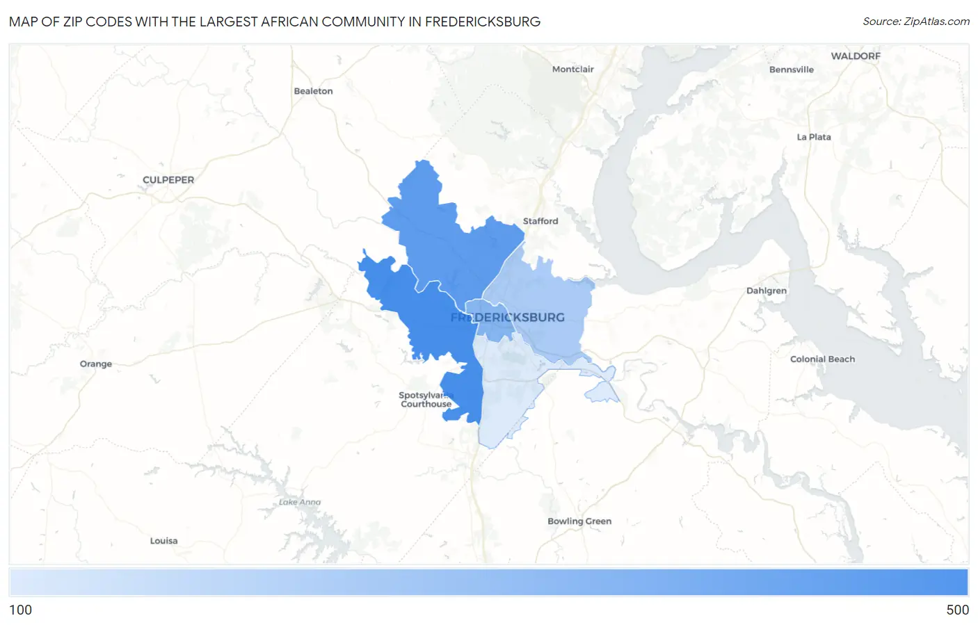 Zip Codes with the Largest African Community in Fredericksburg Map