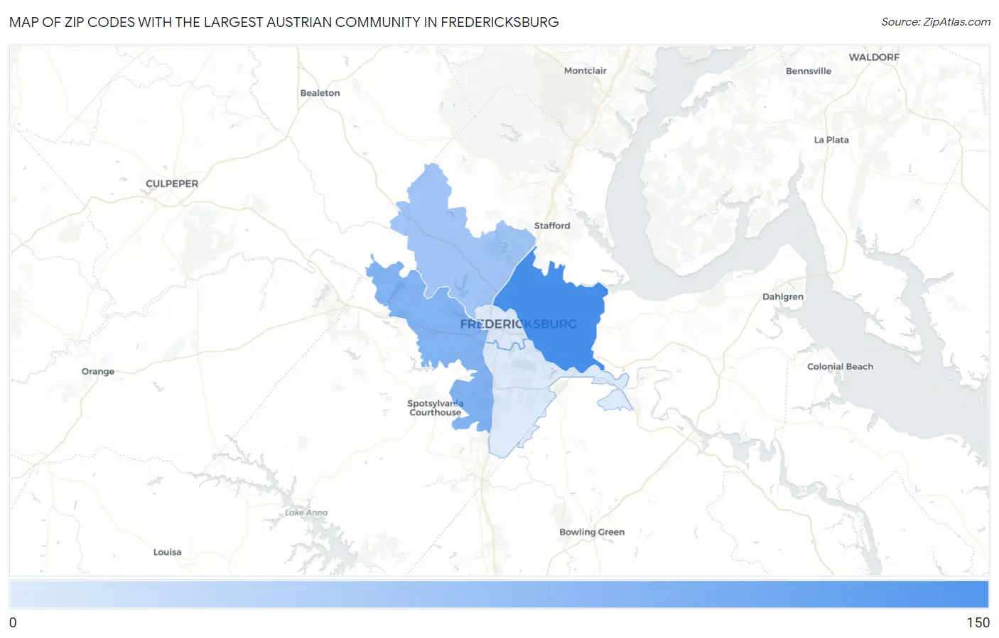 Zip Codes with the Largest Austrian Community in Fredericksburg Map