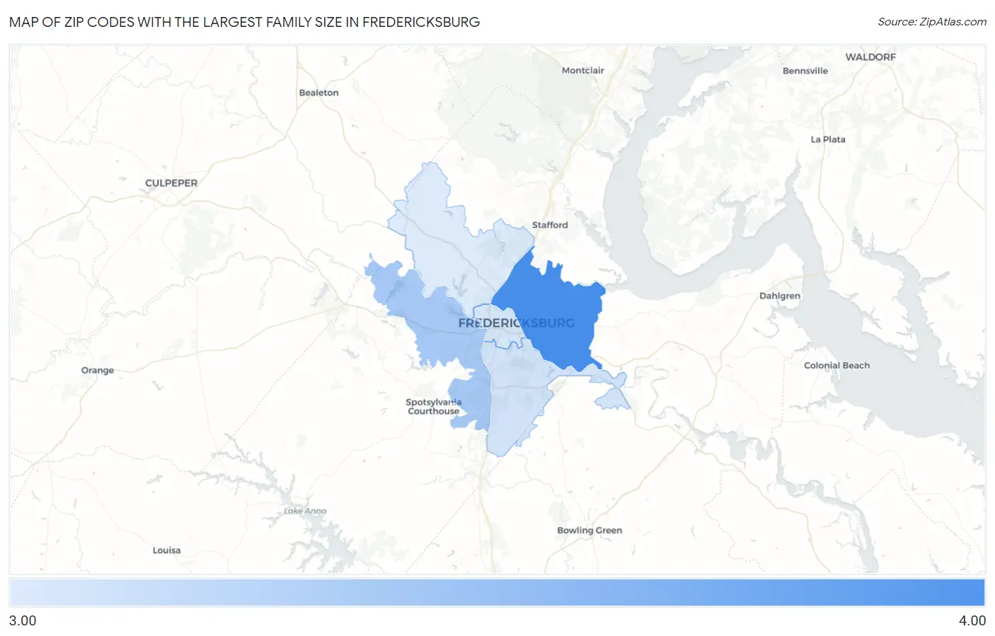 Zip Codes with the Largest Family Size in Fredericksburg Map