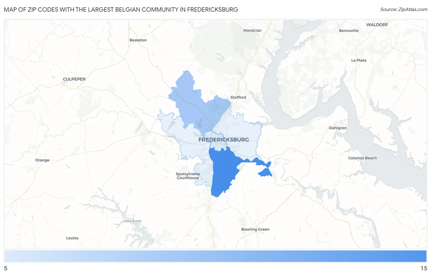 Zip Codes with the Largest Belgian Community in Fredericksburg Map