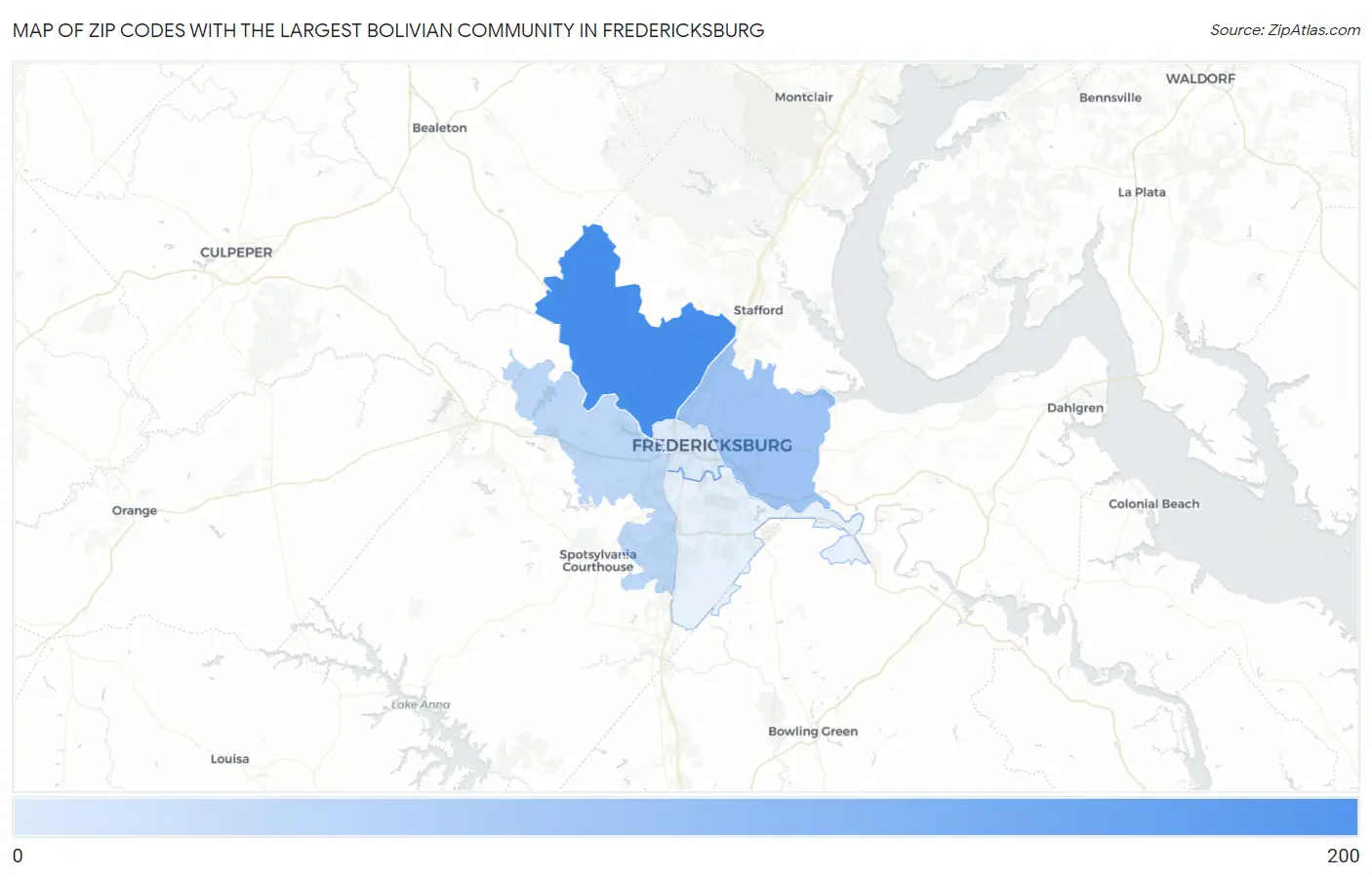 Zip Codes with the Largest Bolivian Community in Fredericksburg Map