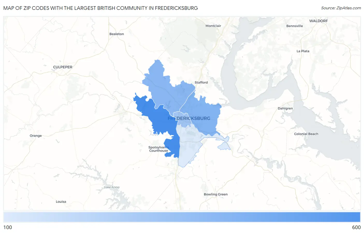 Zip Codes with the Largest British Community in Fredericksburg Map