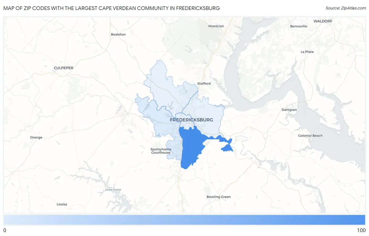 Zip Codes with the Largest Cape Verdean Community in Fredericksburg Map