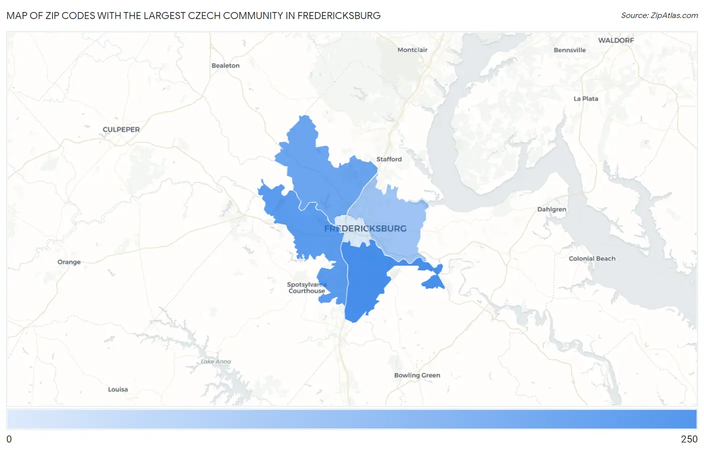 Zip Codes with the Largest Czech Community in Fredericksburg Map