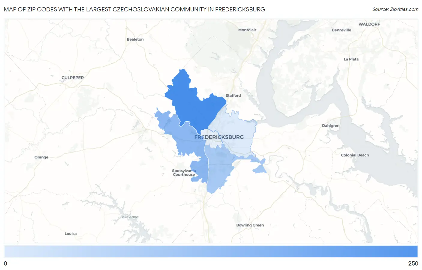 Zip Codes with the Largest Czechoslovakian Community in Fredericksburg Map