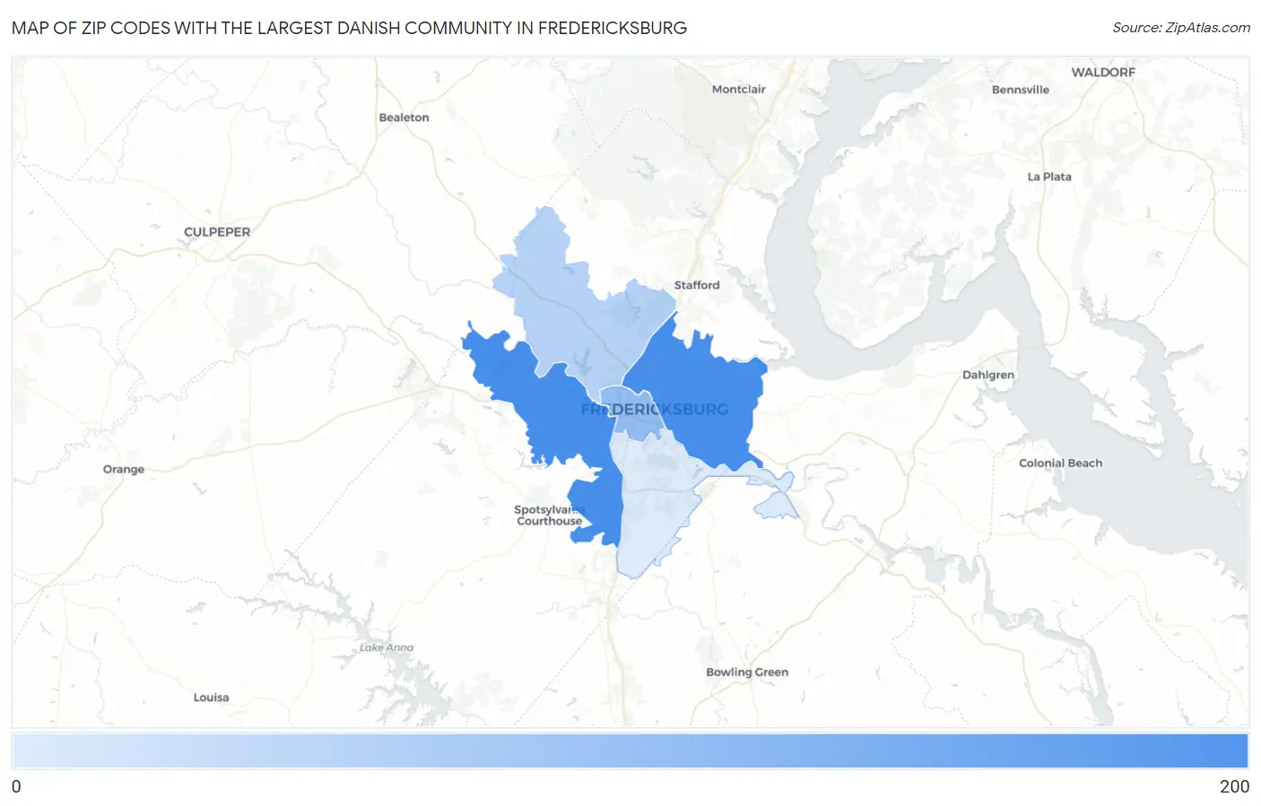 Zip Codes with the Largest Danish Community in Fredericksburg Map