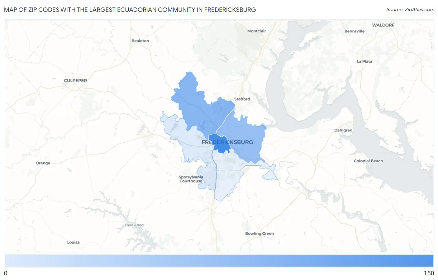 Zip Codes with the Largest Ecuadorian Community in Fredericksburg Map