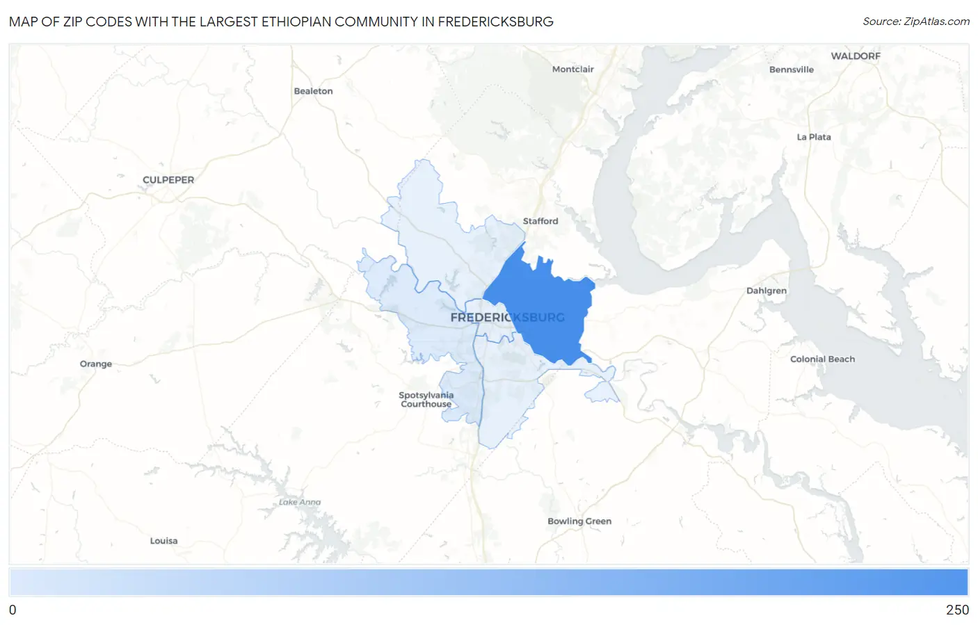 Zip Codes with the Largest Ethiopian Community in Fredericksburg Map