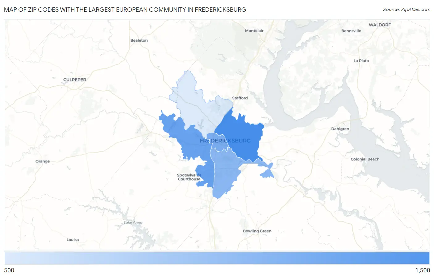 Zip Codes with the Largest European Community in Fredericksburg Map