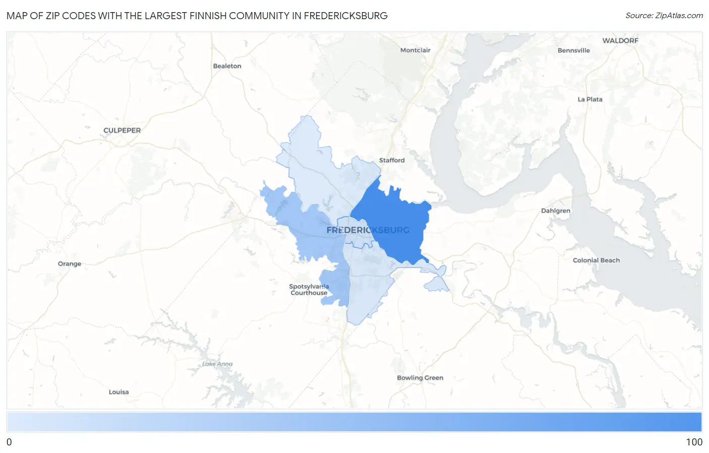 Zip Codes with the Largest Finnish Community in Fredericksburg Map