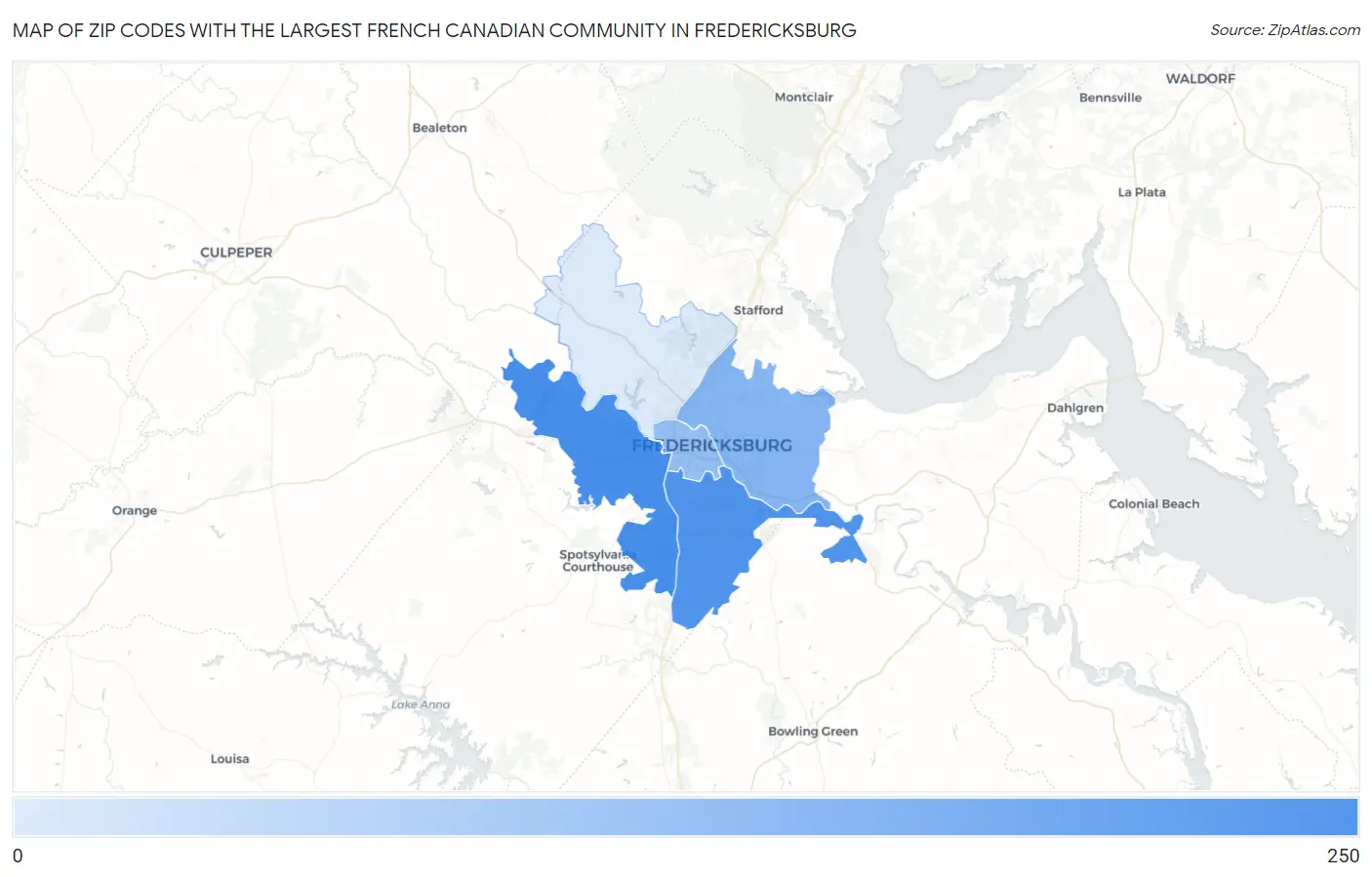 Zip Codes with the Largest French Canadian Community in Fredericksburg Map