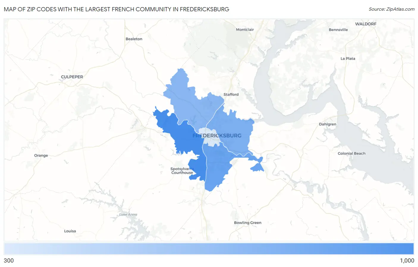 Zip Codes with the Largest French Community in Fredericksburg Map