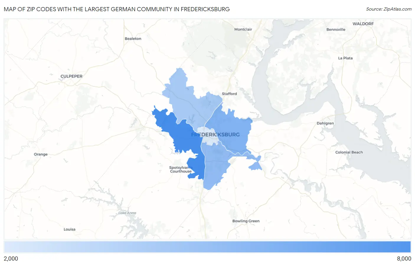 Zip Codes with the Largest German Community in Fredericksburg Map