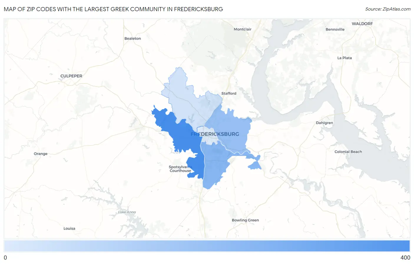 Zip Codes with the Largest Greek Community in Fredericksburg Map