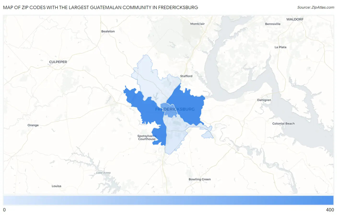Zip Codes with the Largest Guatemalan Community in Fredericksburg Map