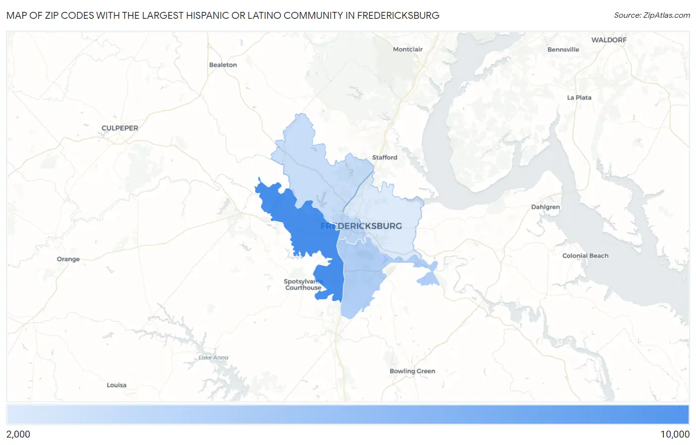 Zip Codes with the Largest Hispanic or Latino Community in Fredericksburg Map