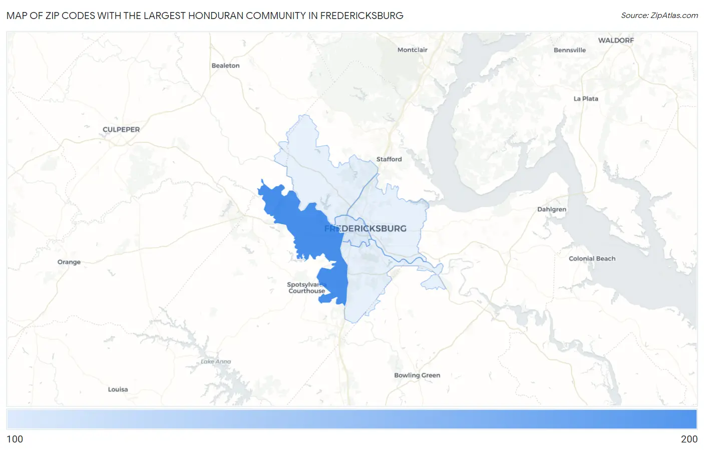 Zip Codes with the Largest Honduran Community in Fredericksburg Map