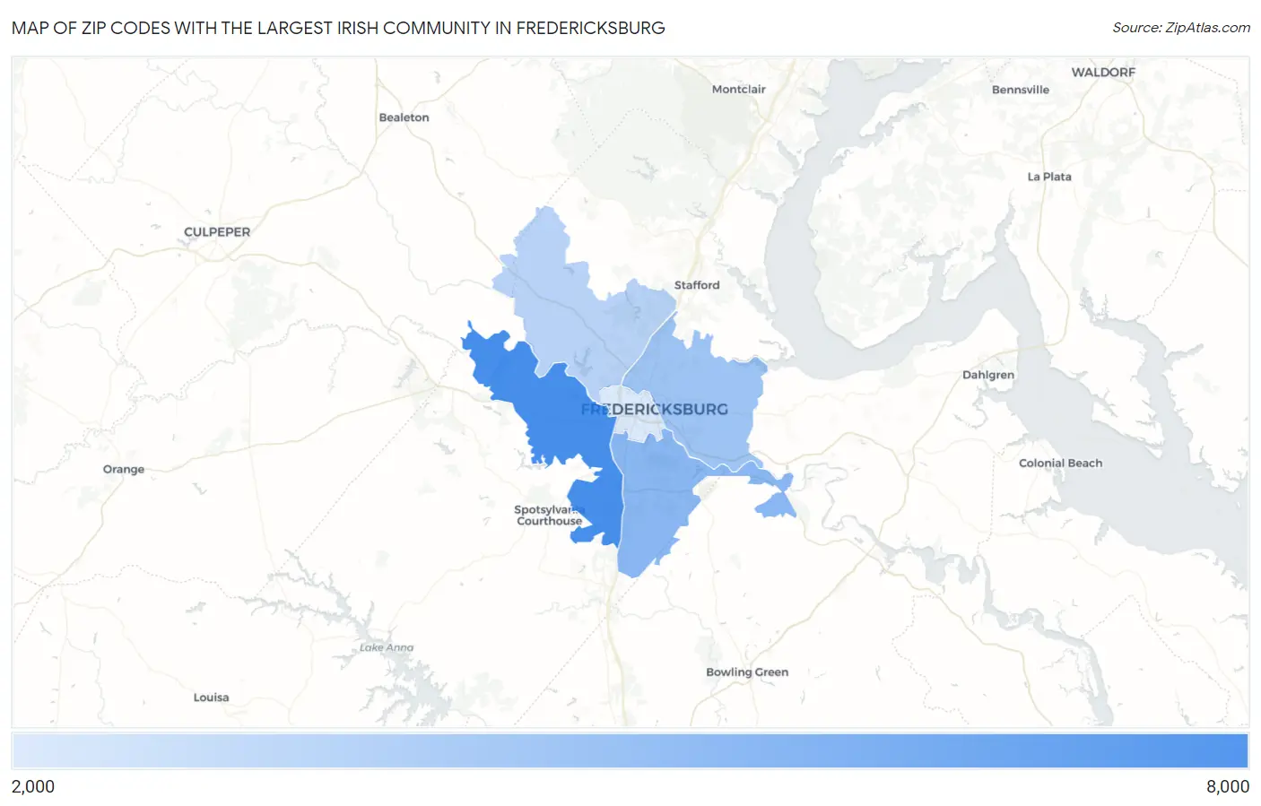 Zip Codes with the Largest Irish Community in Fredericksburg Map