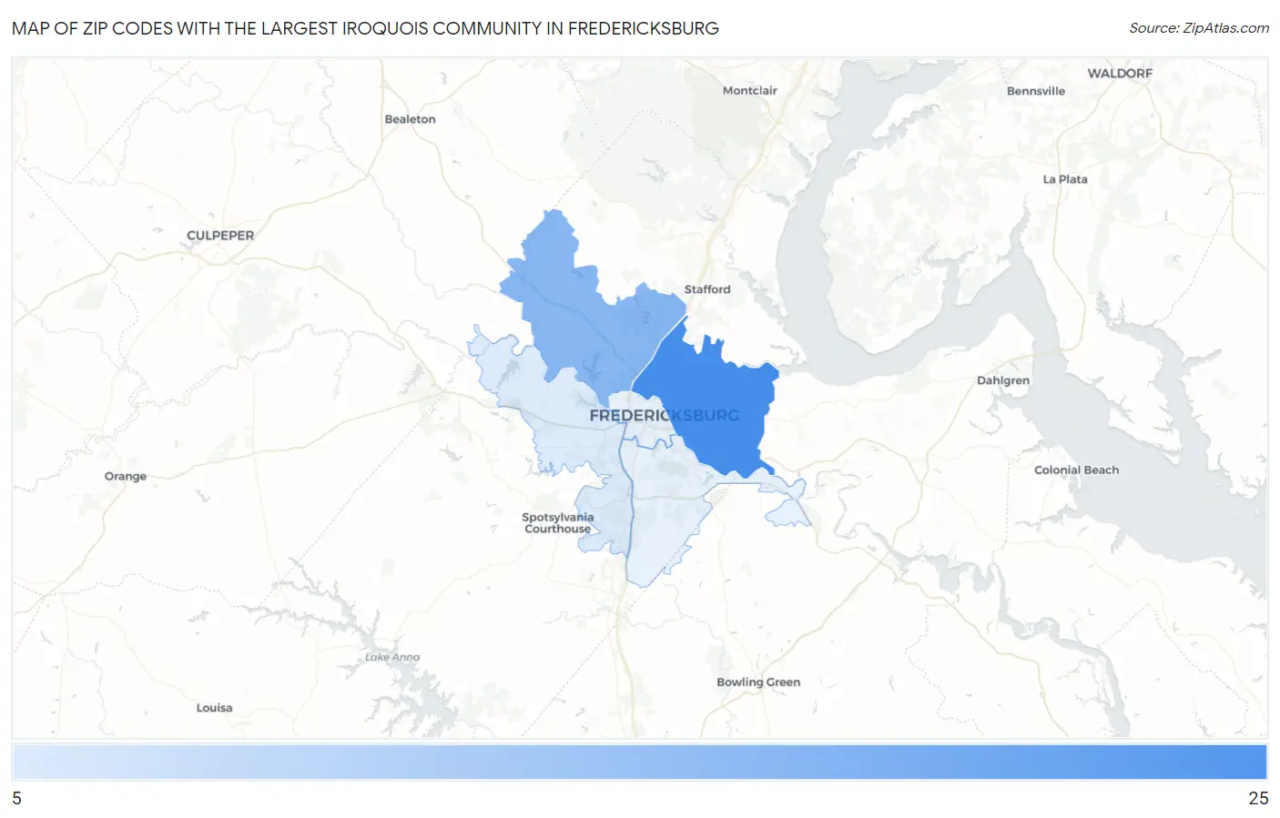 Zip Codes with the Largest Iroquois Community in Fredericksburg Map