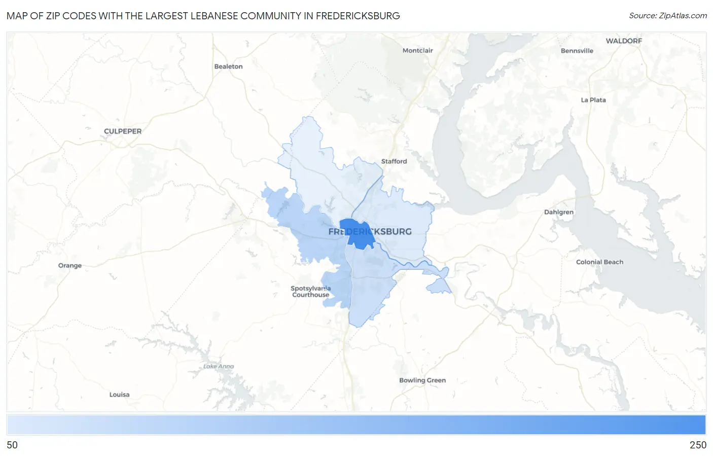 Zip Codes with the Largest Lebanese Community in Fredericksburg Map